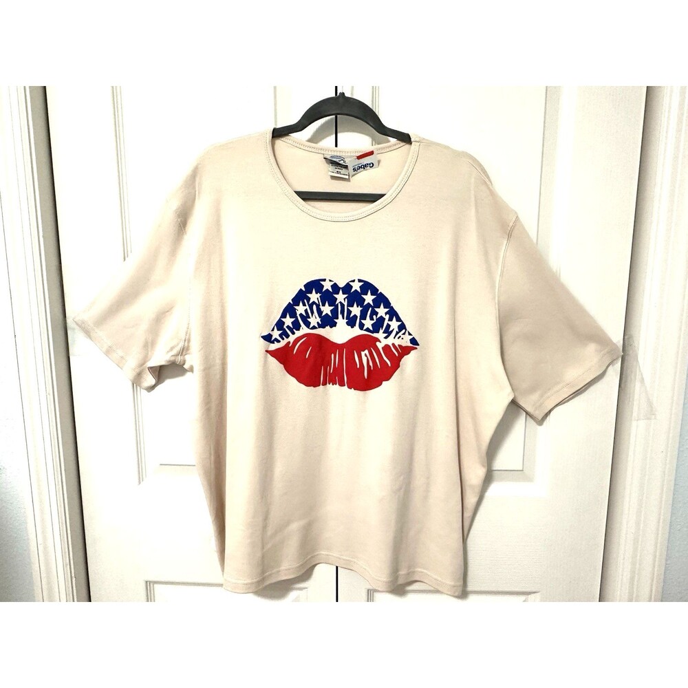 Las Olas Top Women's 2X T-Shirt Lips Patriotic Red white blue Stars NEW July 4th